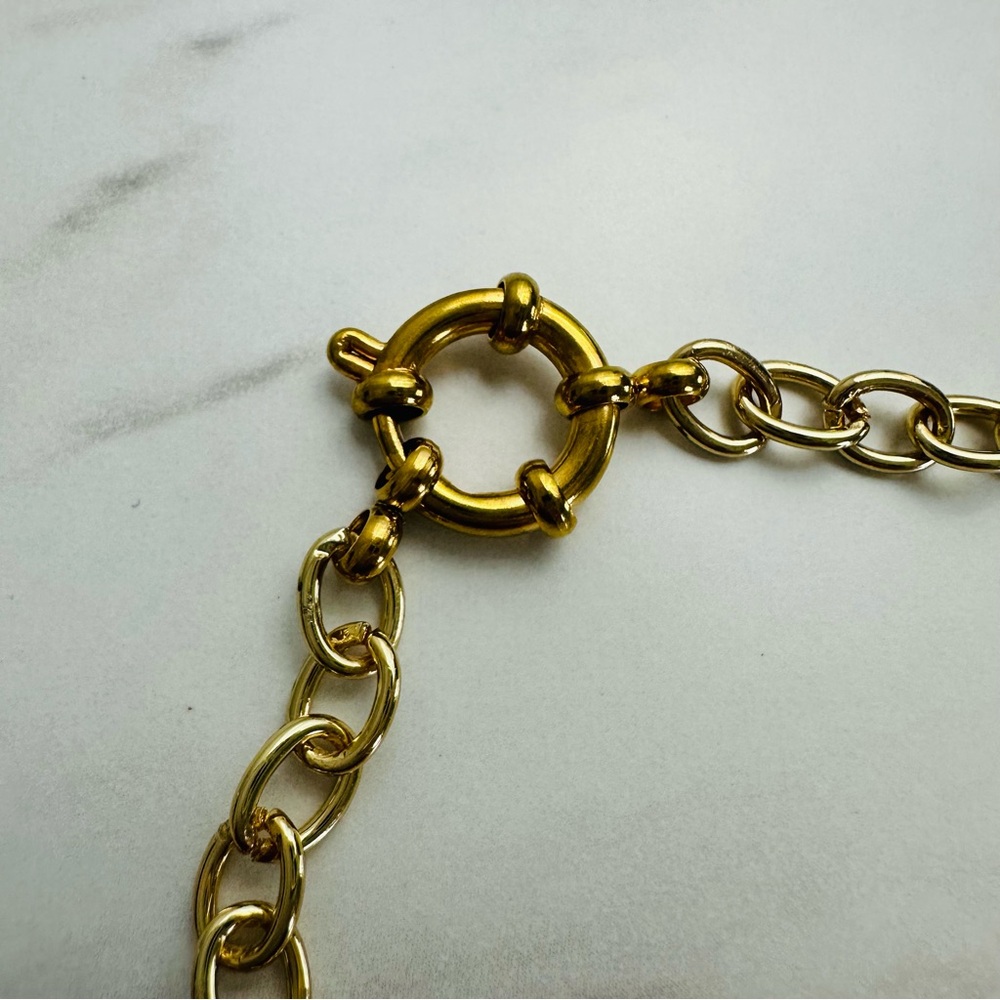 Handcrafted Gold Tone Bracelet w/ Iridescent Gemstone Pendant | 7” - Picture 6 of 13